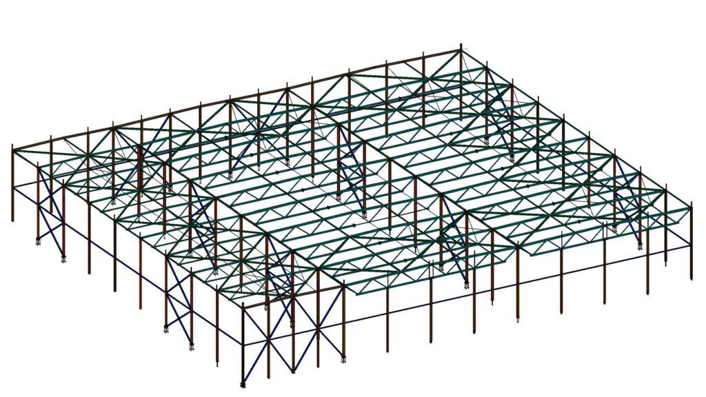 3D-Modell der Stahlkonstruktion einer Industriehalle in Advance Steel