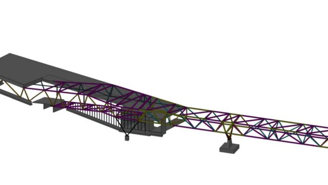 2 Steel pedestrian bridge at an international airport – overall 3D model with terminal building