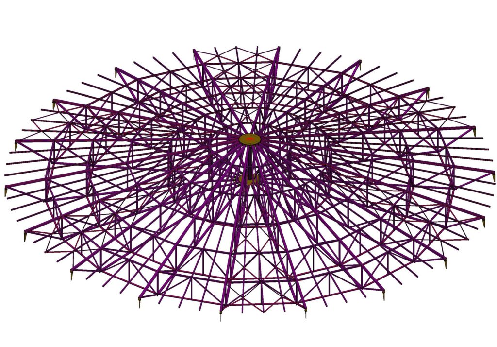 3D-Modell des Stahldachs eines Öltanks mit 43 m Durchmesser