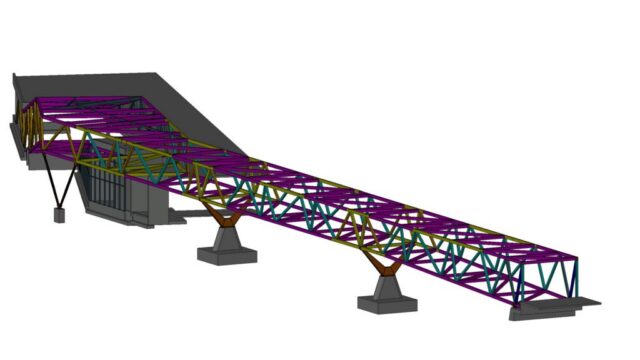 3 Steel pedestrian bridge at an international airport – 3D model with supports and access structure