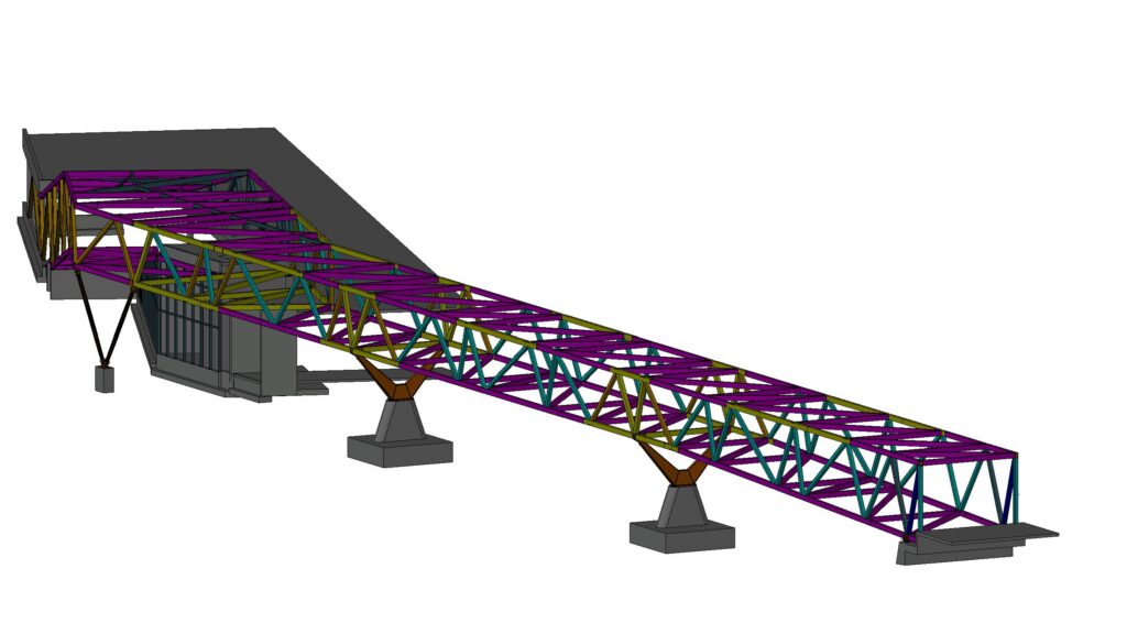 3D-Modell einer 135 m langen Stahl-Fußgängerbrücke an einem internationalen Flughafen in Advance Steel