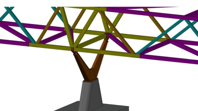 4 Steel pedestrian bridge at an international airport – tree column supporting the truss