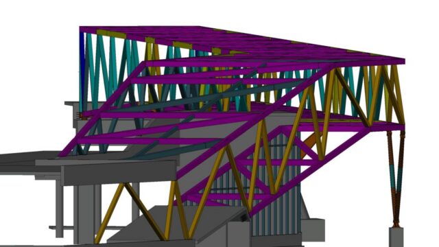 8 Steel pedestrian bridge at an international airport – bridge end with escalator support structure