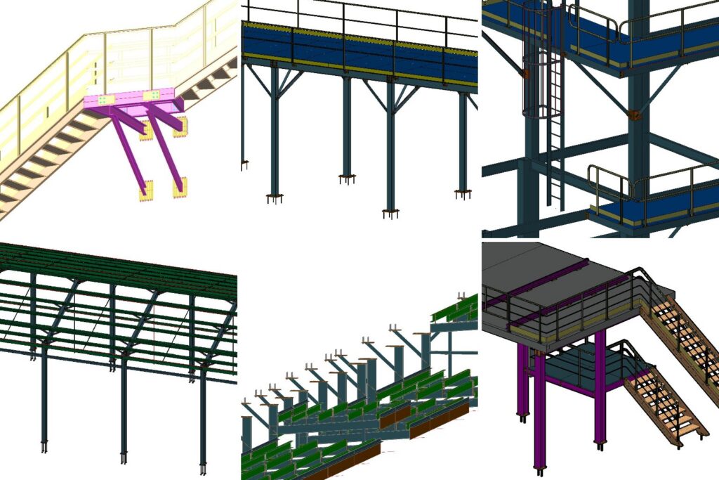 Collage aus 3D-Stahlbaumodellen: Treppen mit Geländer, Bühnen mit Leitern, Vordachrahmen und Tribünenunterkonstruktion